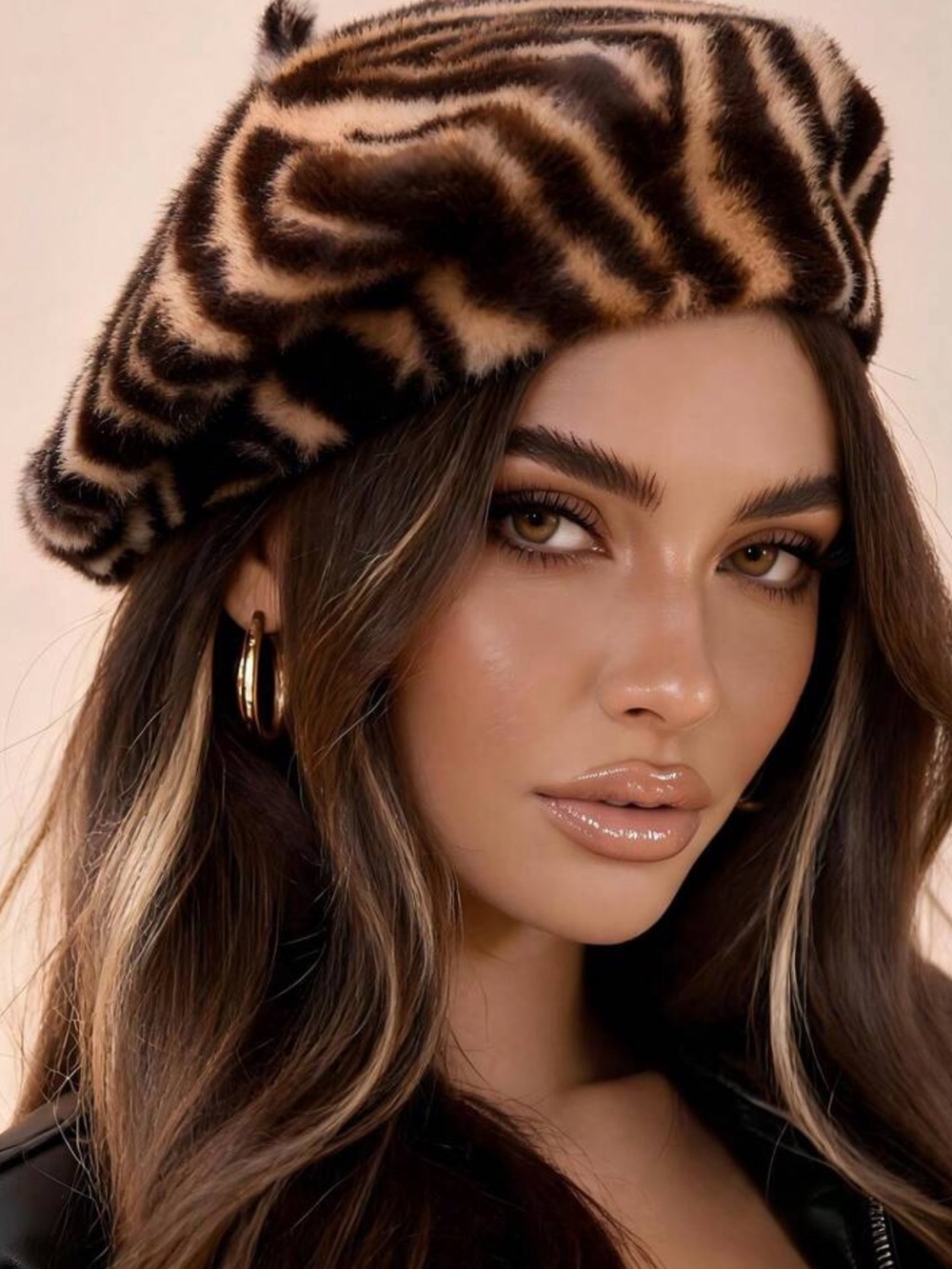 Women's Faux Fur Beret Hat, Animal Print Y2K French Style Warm Winter